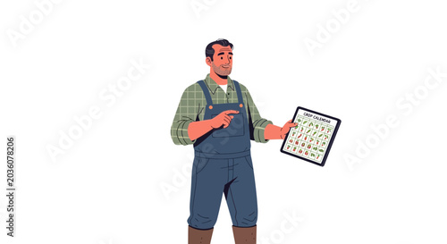 Farmer Showing Harvest Calendar on Tablet, Agricultural Expertise