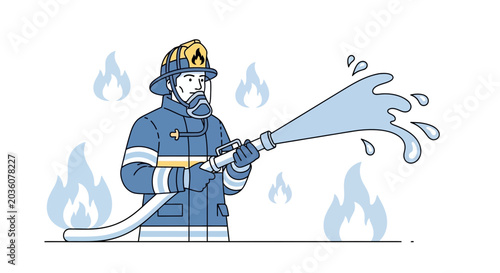 Firefighter Spraying Water Extinguishing Flames