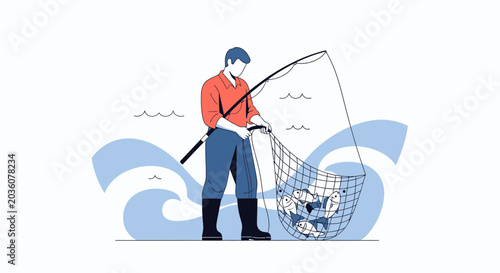 Fisherman catching fish in net, illustration style