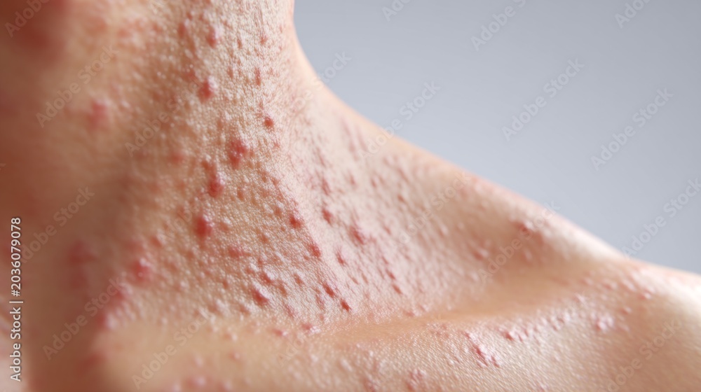 Naklejka premium Close-up of Inflamed Acne on a Person's Neck Skin