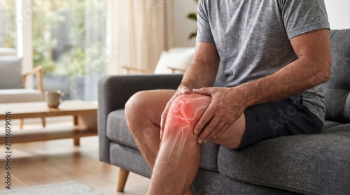 Obraz w ramie Man suffering from knee pain sitting on sofa with highlighted joint inflammation concept