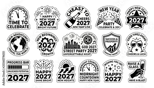 Collection of 2027 happy new year emblems and party stickers with stickers celebration elements greeting typography collection monochrome illustration prosperity adventure progress