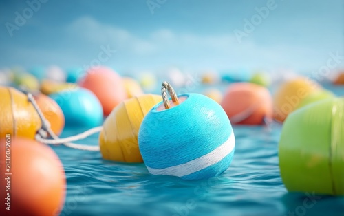 Colorful Buoys Floating in Calm Water at Bright Day Outdoor Scene
