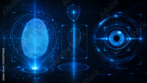 Futuristic digital security concept featuring fingerprint, eye scan, and identity protection elements in blue tones.
