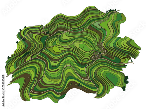 Abstract aerial view of green wavy fields with pathways creating a unique topographical landscape pattern