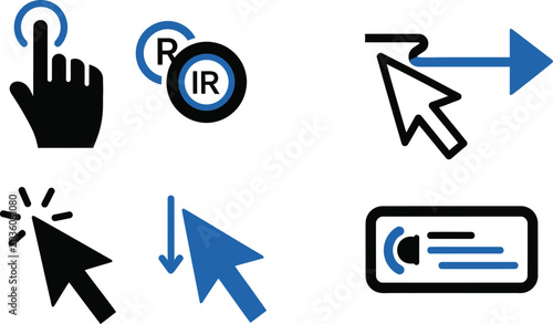 Flat icons showing touch, rotate, drag, click, and zoom actions
