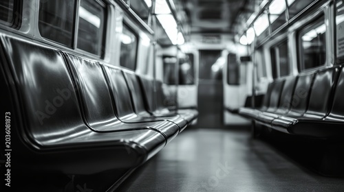 Modern plastic seats and chrome handrails inside an electric train carriage car,Empty Subway car inside view, vacant seats, Interior of a passenger train.