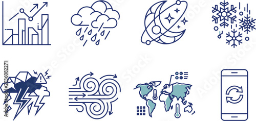 Global weather forecast line icons set with world map, climate data chart, storm, heavy rain, wind and mobile updates