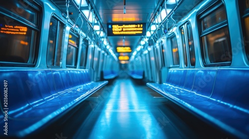 Modern plastic seats and chrome handrails inside an electric train carriage car,Empty Subway car inside view, vacant seats, Interior of a passenger train.
