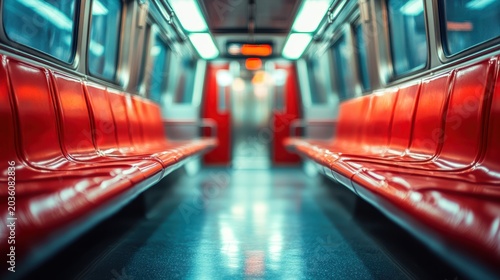 Modern plastic seats and chrome handrails inside an electric train carriage car,Empty Subway car inside view, vacant seats, Interior of a passenger train.