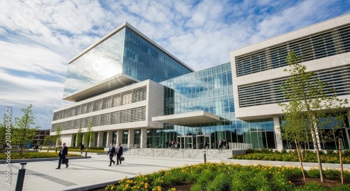Modern office building with glass facade and people walking outside