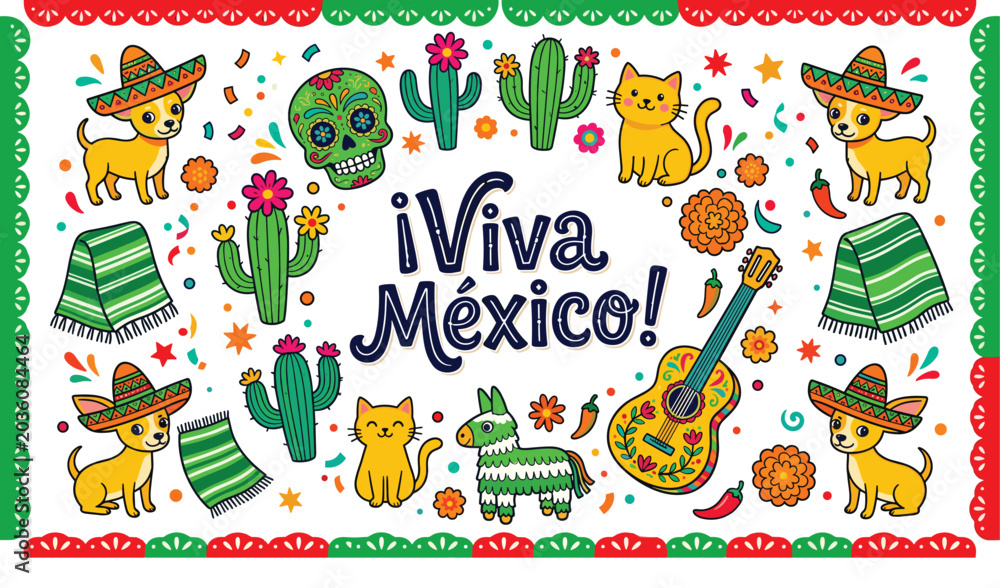 Naklejka premium Mexican Fiesta Celebration Vector Set with Cute Cats Cactus Guitar Sombrero and Traditional Decorative Cinco de Mayo Elements