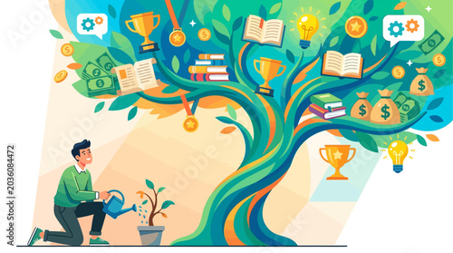 a man nurturing a growing plant under a tree with various icons.