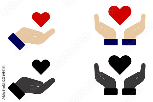 Hands holding red heart icon set. Flat vector illustration for charity donation, healthcare support, romance, and love concepts.