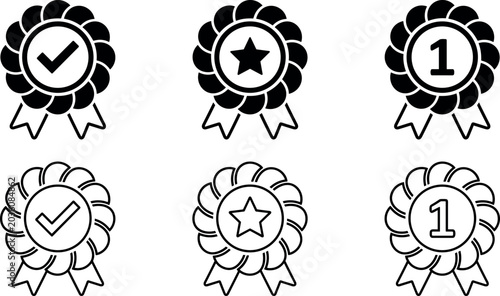 Foto Award ribbon rosette icon set featuring first place number one star and check mark symbols in filled and outline vector styles