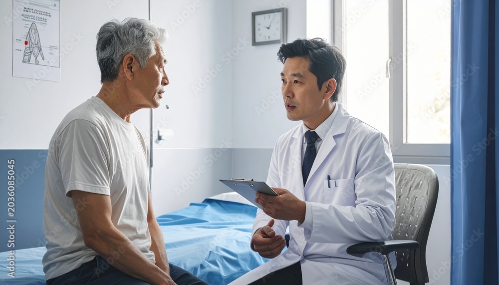 Fototapeta premium Doctor converses with patient, seated in a clinic examination room with a clipboard