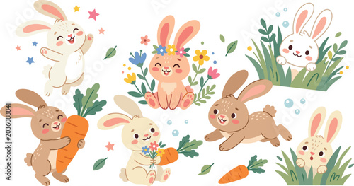 Adorable Easter Bunny Cartoon Character Clipart Set with Happy Little Rabbits Carrots and Floral Elements for Children Birthday Card and Spring Graphic Designs