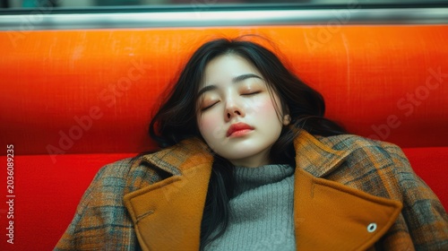 Young woman sleeping in train subway seats red,student or adult tired,afterschool and After work,Subway car inside view,Interior of a passenger train.