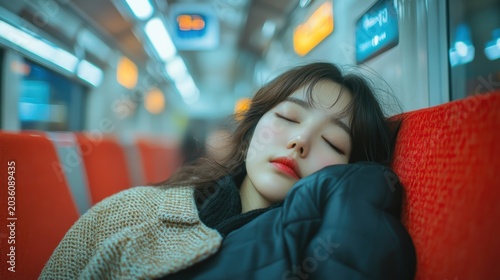 Young woman sleeping in train subway seats red,student or adult tired,afterschool and After work,Subway car inside view,Interior of a passenger train.