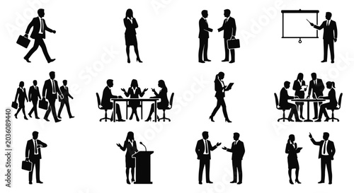 Business people silhouette collection featuring teamwork, presentation, negotiation, office communication, leadership, and corporate meeting activities