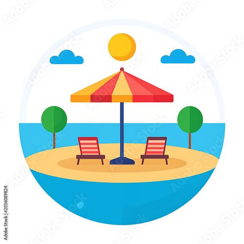 Island beach scene with two lounge chairs and a striped umbrella under a sunny sky, representing relaxation and vacation.