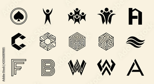 Collection of modern and abstract vector logos and icons on beige background