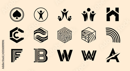 Collection of modern black logos and icons on a beige background.