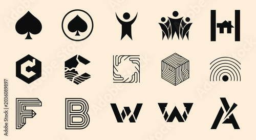Collection of Modern Black Icons and Symbols on Beige Background