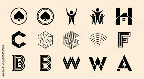 Collection of Modern Geometric Logo Designs and Icons on Beige Background