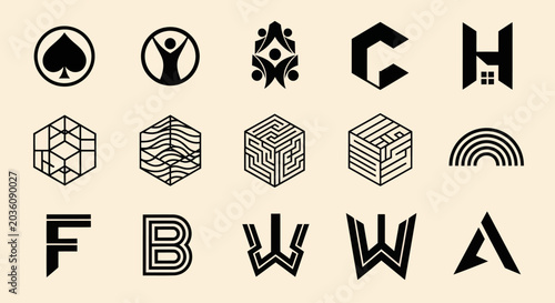 Collection of Modern Geometric Logos and Icons on Beige Background