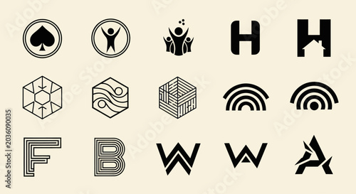 Collection of Modern Geometric Logos and Icons on Beige Background