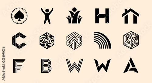 Collection of Modern Geometric Logos and Icons on Beige Background