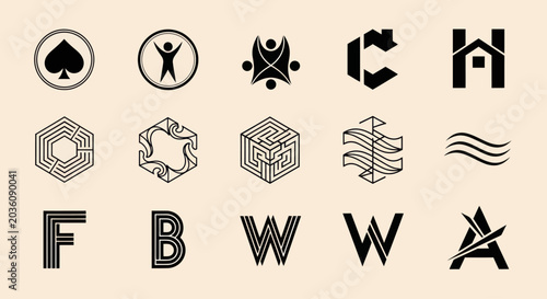 Collection of Modern Geometric Logos and Icons on Beige Background