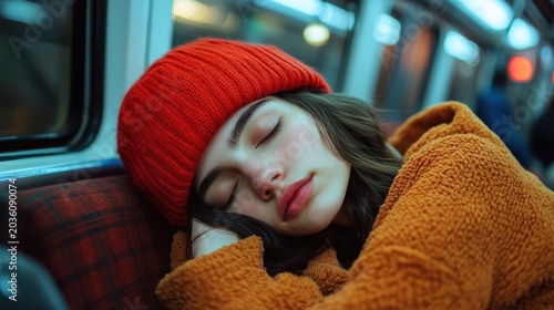Young woman sleeping in train subway seats red,student or adult tired,afterschool and After work,Subway car inside view,Interior of a passenger train.