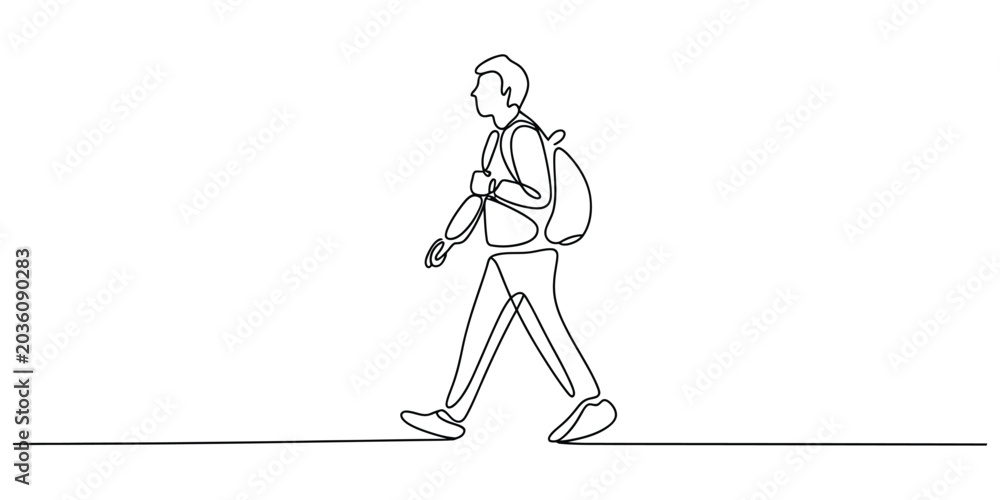 Obraz premium Continuous line drawing of a student walking with a backpack