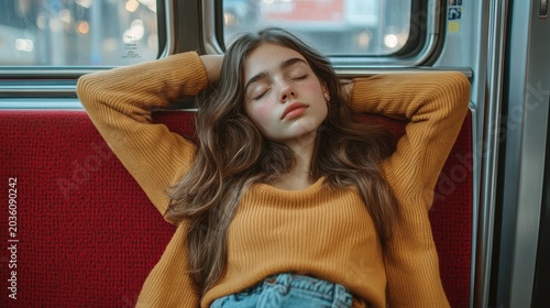 Young woman sleeping in train subway seats red,student or adult tired,afterschool and After work,Subway car inside view,Interior of a passenger train.