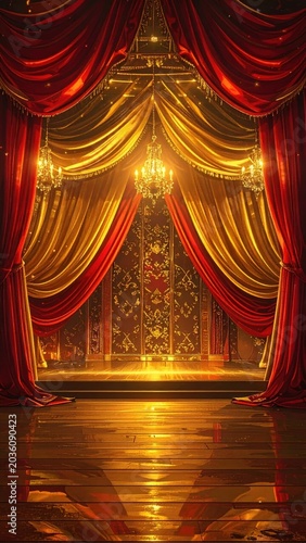 Elegant theater stage with rich red and gold curtains, chandeliers, and wooden floor, creating a dramatic and opulent atmosphere.
