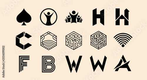 Modern Logo Designs Collection: Icons, Letters, and Symbols on Beige Background