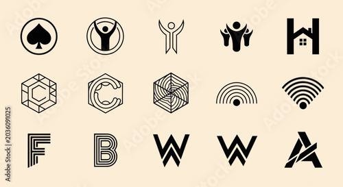 Modern Logo Designs Collection: Icons, Letters, Symbols on Beige Background