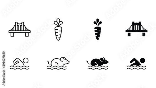 Bild auf Leinwand Contrasting icons of bridges, vegetables, swimmers, and rodents in water