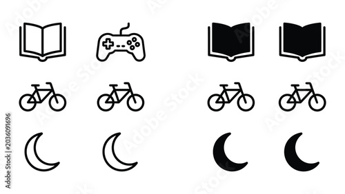 Collection of icons featuring books, gaming controller, bicycles, and moon phases