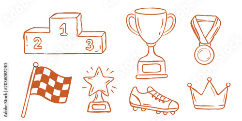 Set of hand drawn victory and sports award icons, trophy, medal, winner podium, crown, checkered flag, star trophy vector illustration