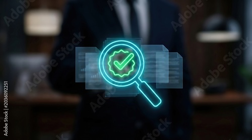 Digital Document Verification Concept: Holographic Magnifying Glass and Verified Badge Interface Over Blurred Corporate Background