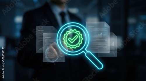 Digital Document Verification Concept: Holographic Magnifying Glass and Verified Badge Interface Over Blurred Corporate Background