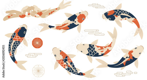 Japanese Koi Fish Illustration - Traditional Art Style, Vector Set