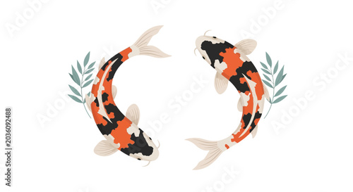 Koi Fish Swimming Art Illustration, Japanese Carp, Symmetry, White Background