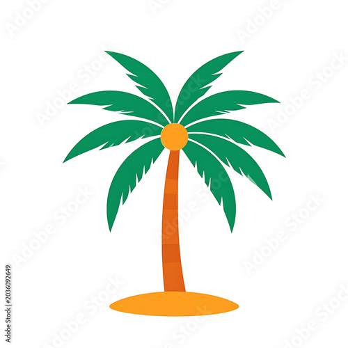 Isolated cartoon palm tree with green fronds and orange fruit on a small sandy island against a white background, simple vacation graphic