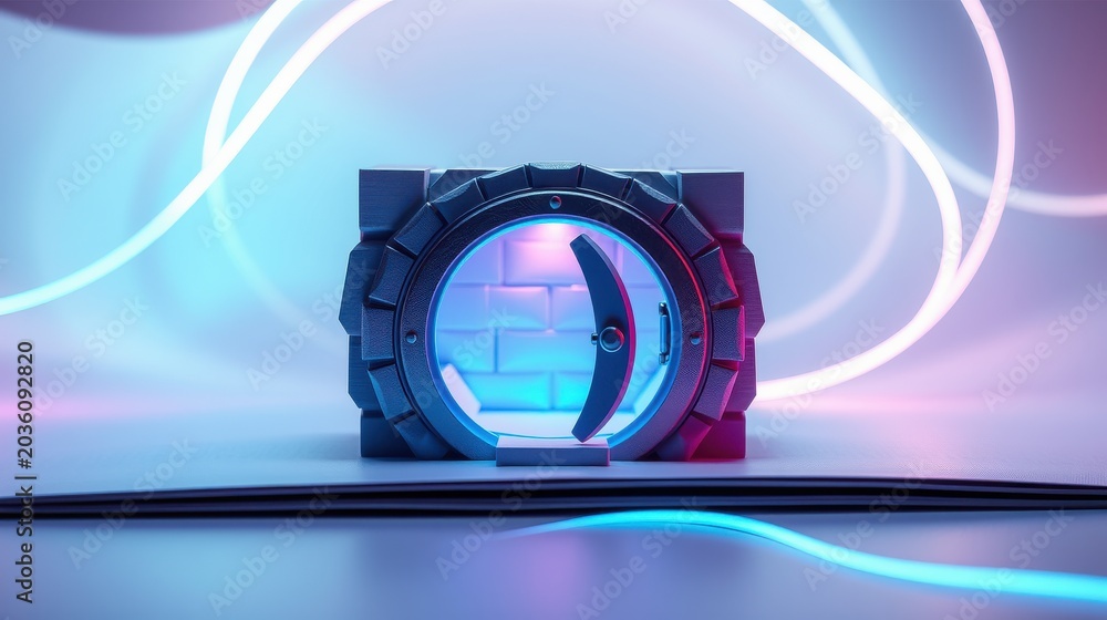 Obraz premium Futuristic vault door glows. Brick wall visible inside. Neon lights create vibrant, dramatic scene. Minimalist design, dark background.