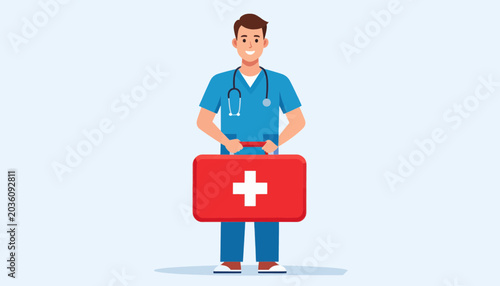 Schilderij op canvas Male Doctor Holding Red First Aid Kit with White Cross Symbol.