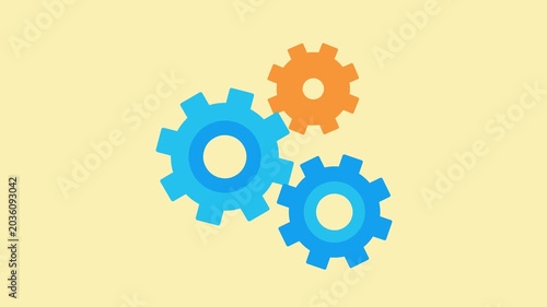 Animation of spinning gears. Blue and orange cogs. Flat design style movie clip.